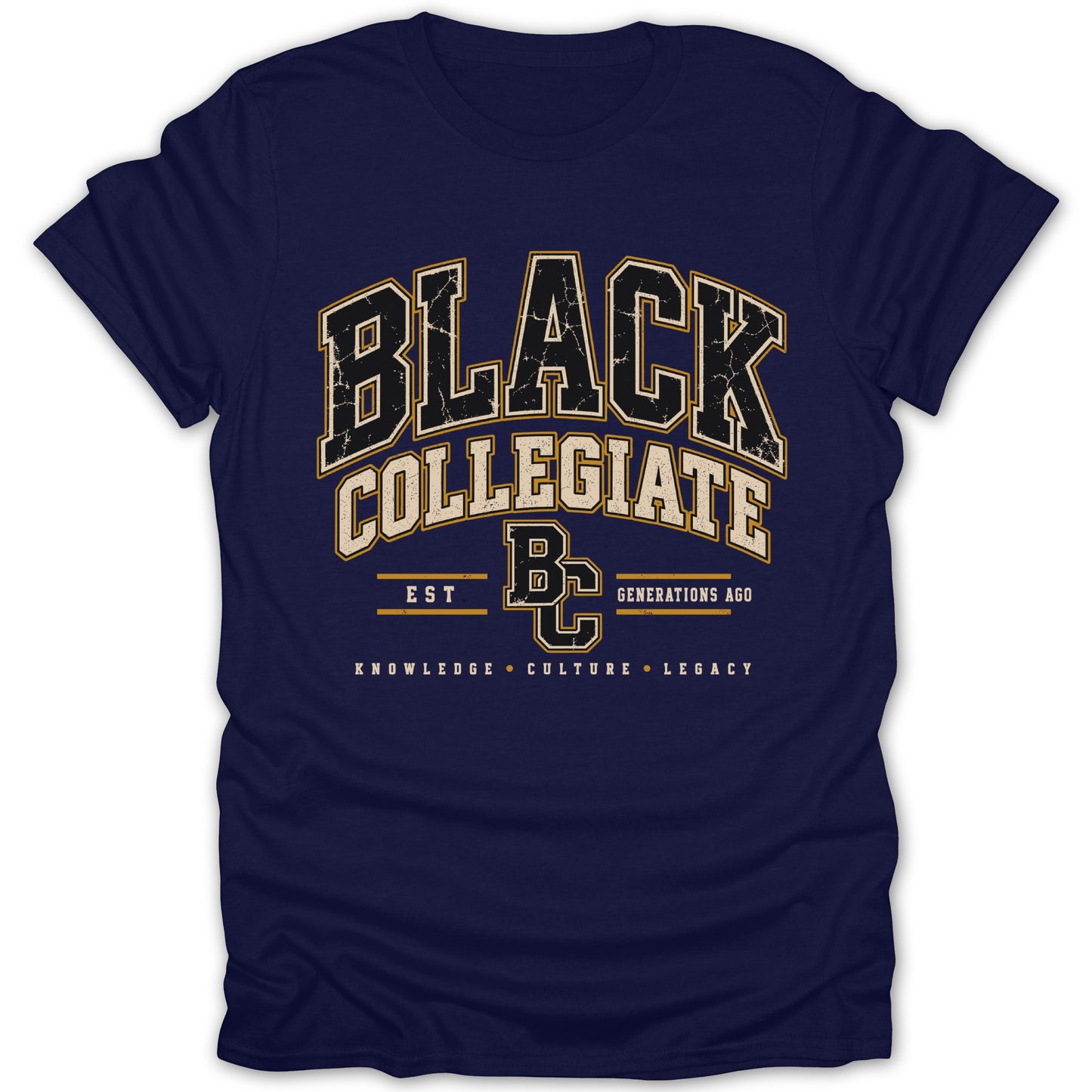 Navy t-shirt with "Black Collegiate" and "BC" logo with "Knowledge Culture Legacy"