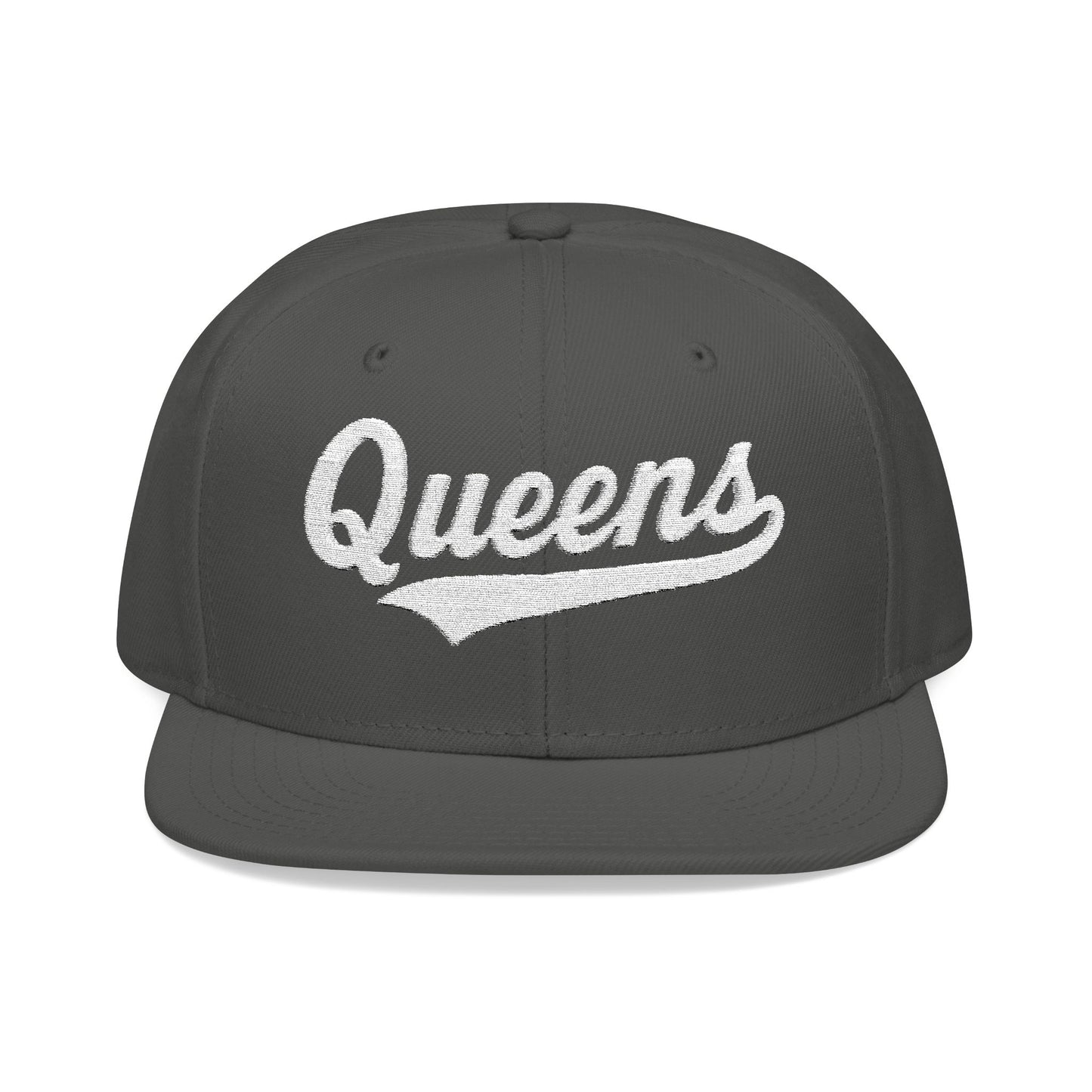 Dark gray flat brim hat with "Queens" embroidered in white script.