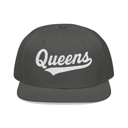 Dark gray flat brim hat with "Queens" embroidered in white script.