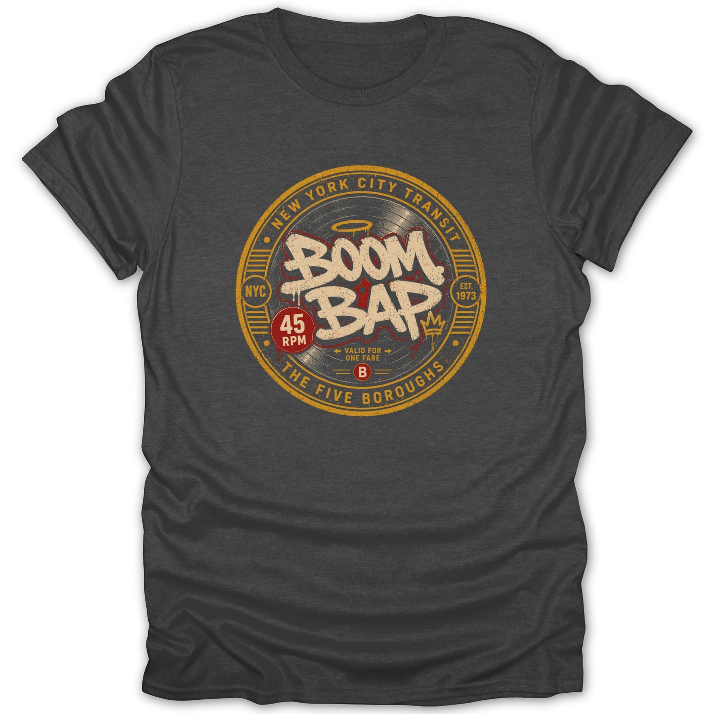 Dark grey t-shirt with "Boom Bap New York City Transit" graphic on vinyl record.