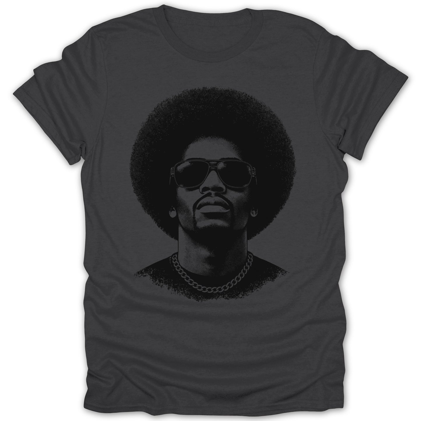 Black graphic t-shirt with a portrait of a man with an afro and sunglasses.