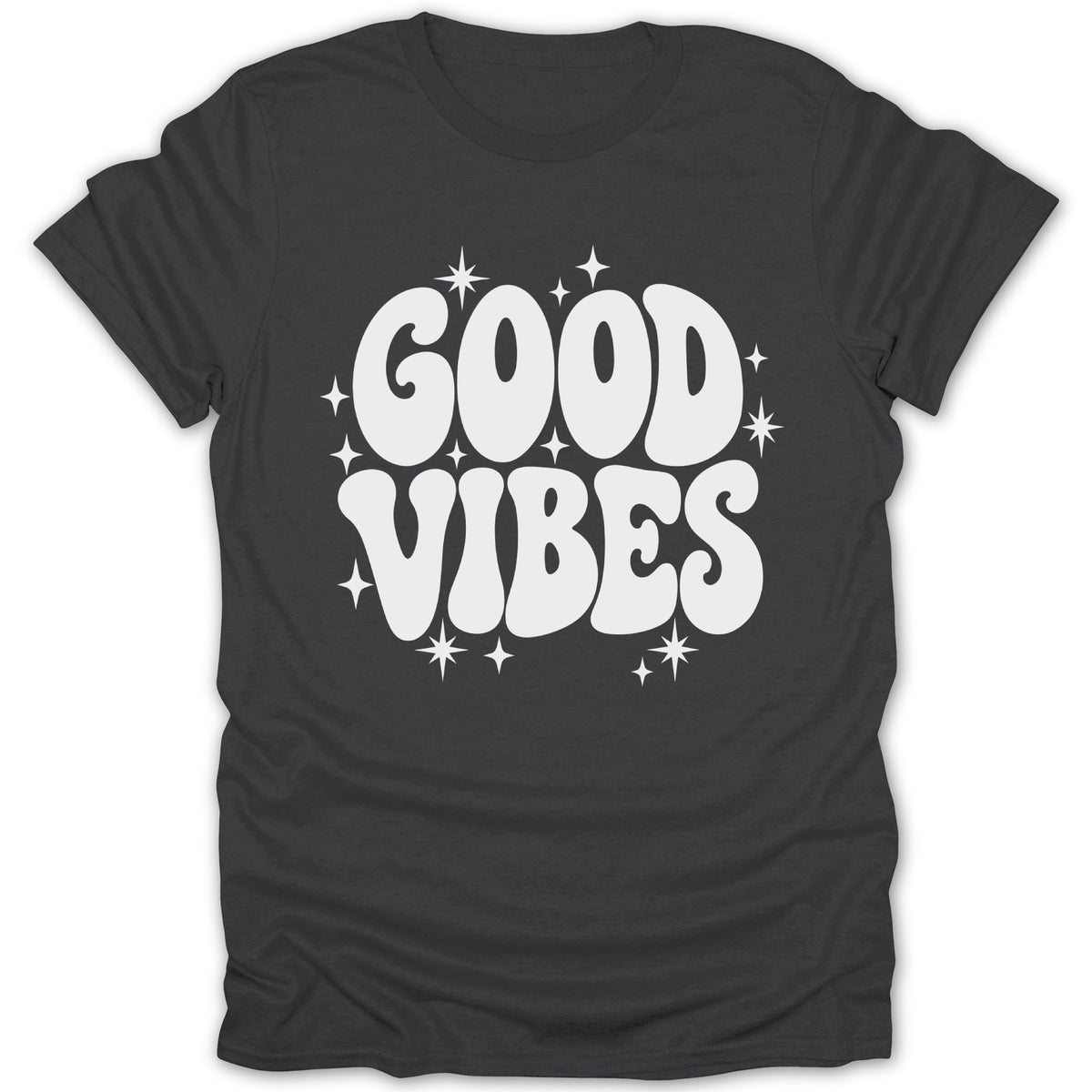 Dark t-shirt with white "GOOD VIBES" text and star graphics.