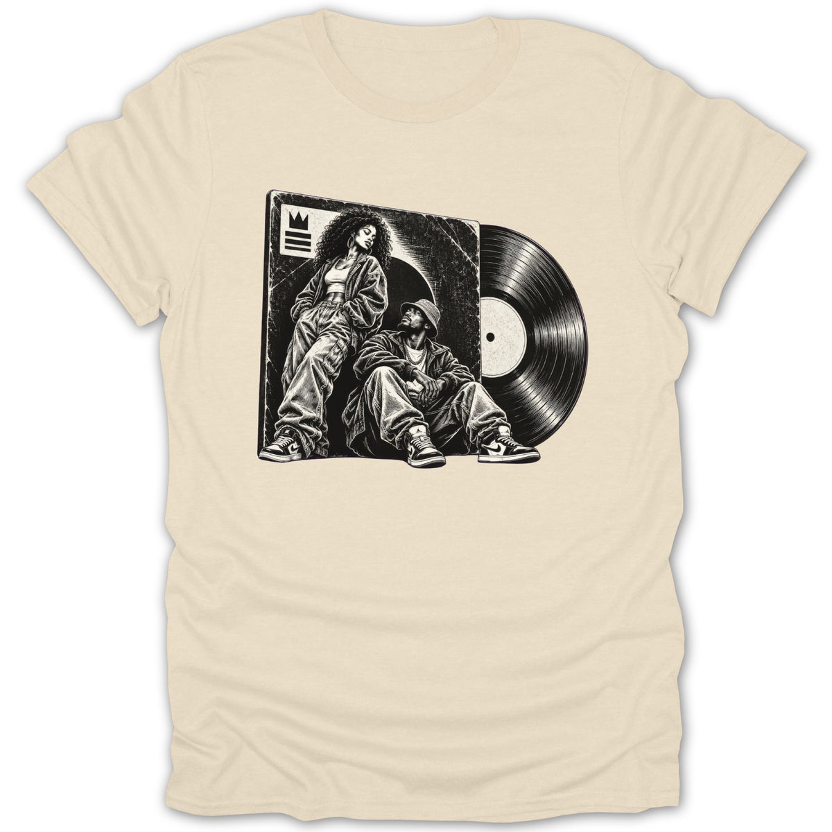 Illustration of two people with a vinyl record and album cover on a cream t-shirt.