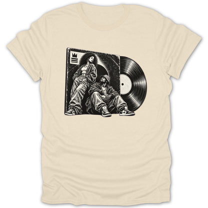 Illustration of two people with a vinyl record and album cover on a cream t-shirt.