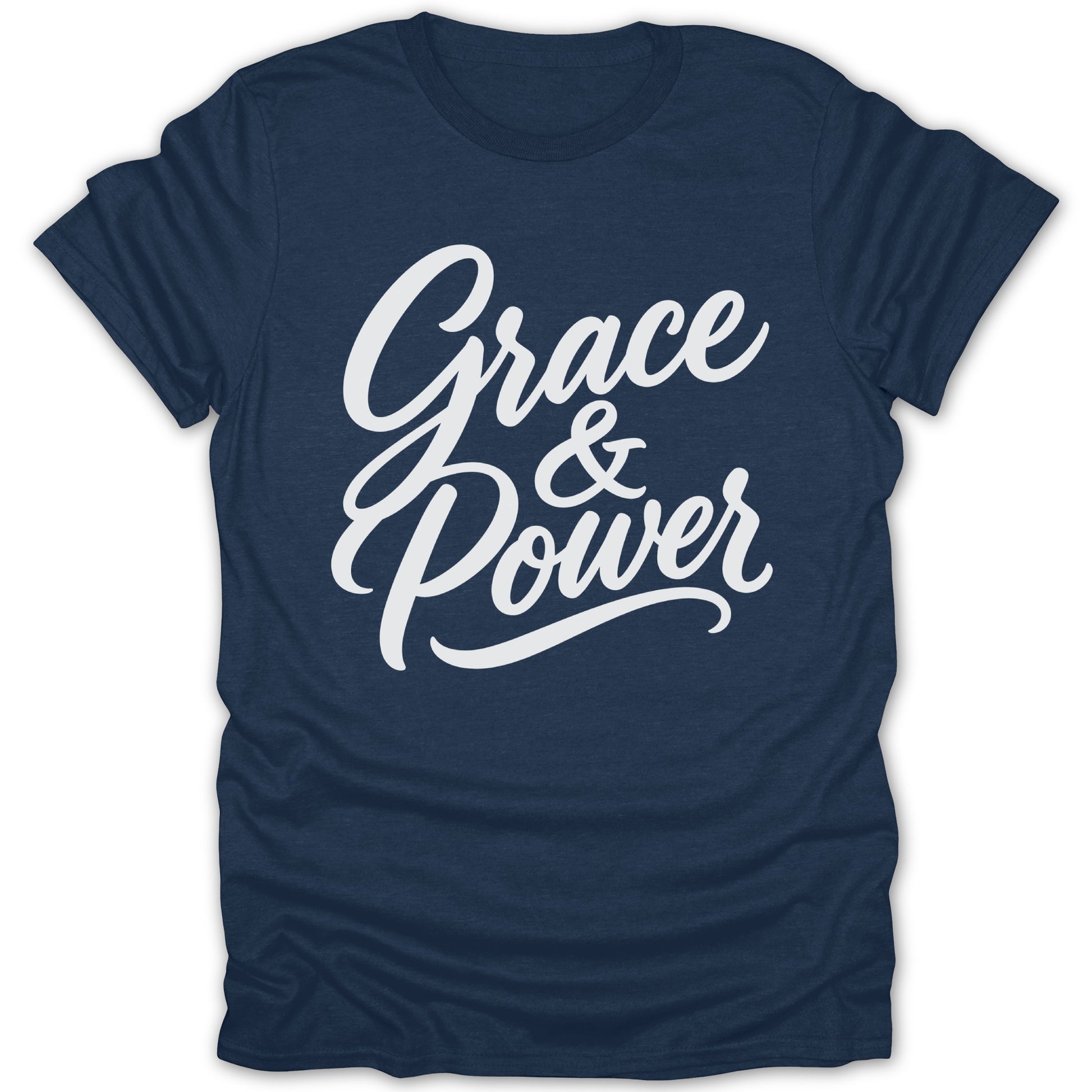 Navy t-shirt with white text saying "Grace & Power"
