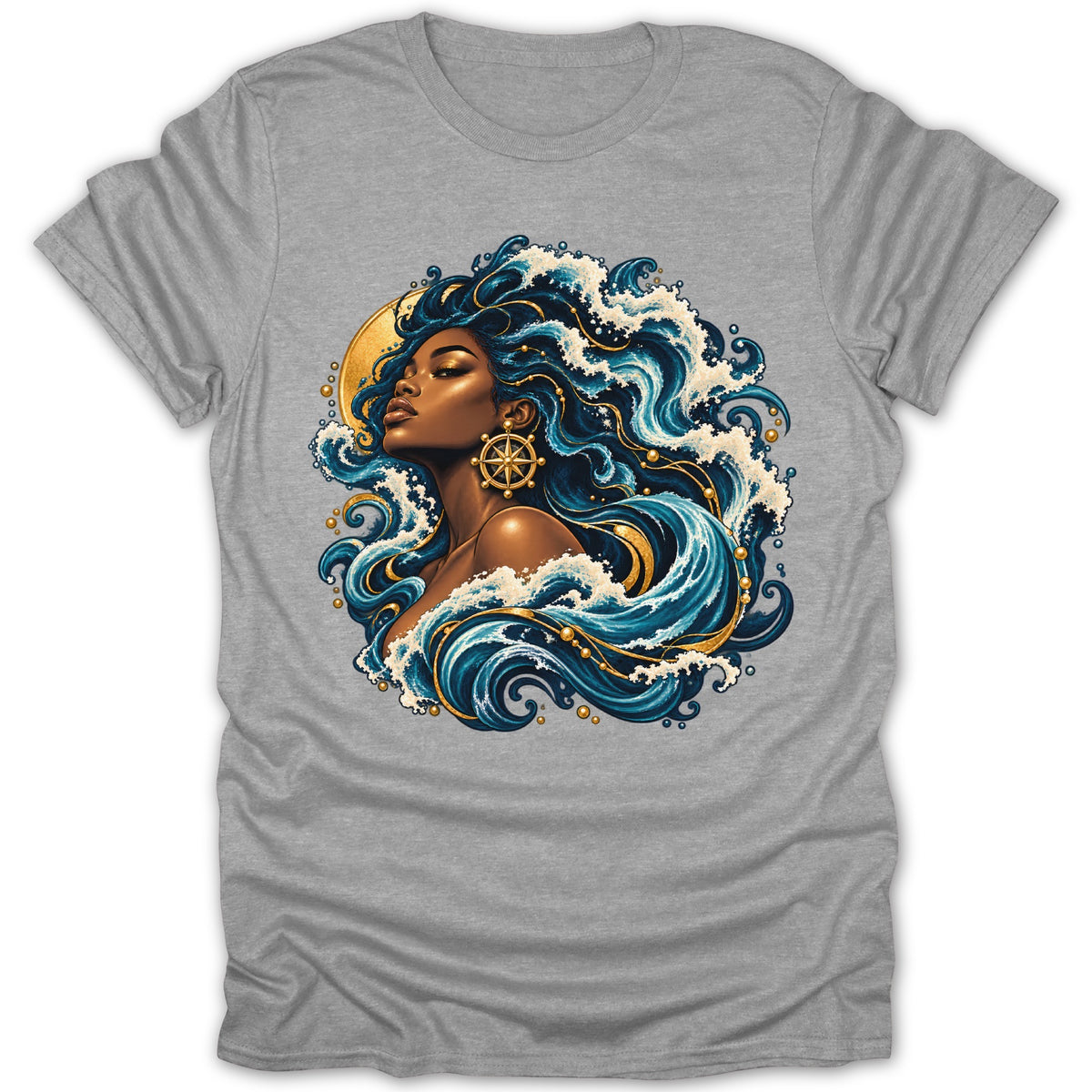 Woman with blue wavy hair and a gold compass earring on a grey t-shirt.