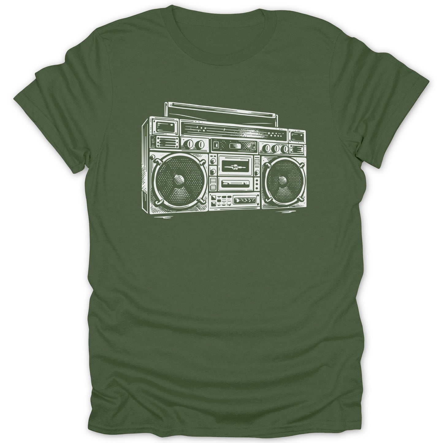 White line art boombox graphic on a dark green t-shirt.