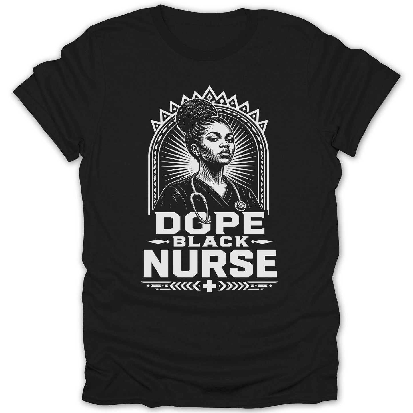 Black t-shirt with "Dope Black Nurse" graphic featuring a portrait of a Black nurse.