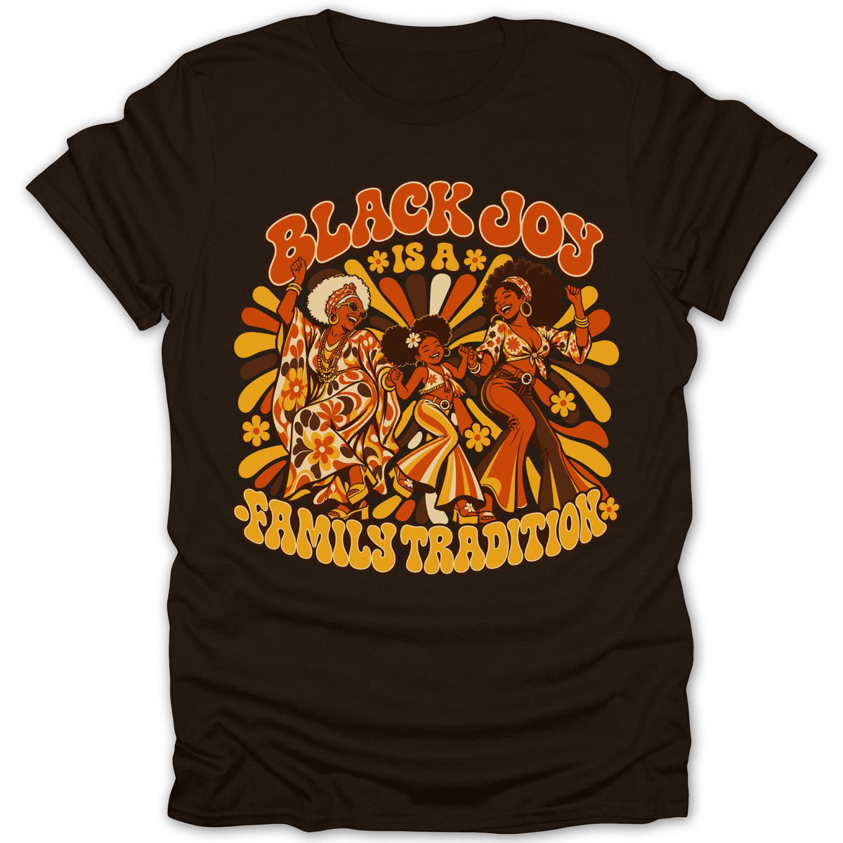 Black Joy Is A Family Tradition retro graphic with dancing women and child.
