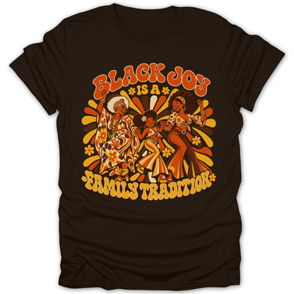 Black Joy Is A Family Tradition retro graphic with dancing women and child.