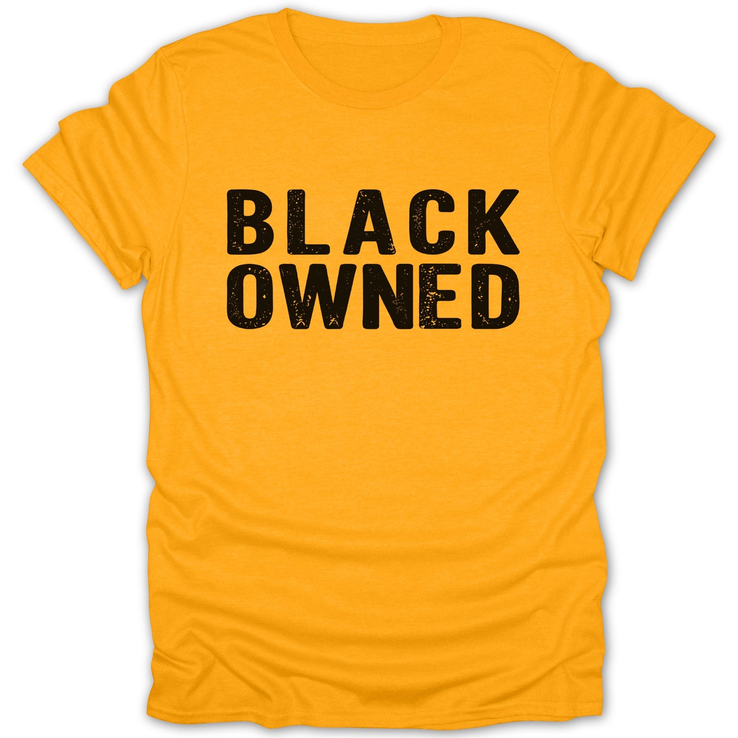 Yellow t-shirt with black distressed text reading "BLACK OWNED".