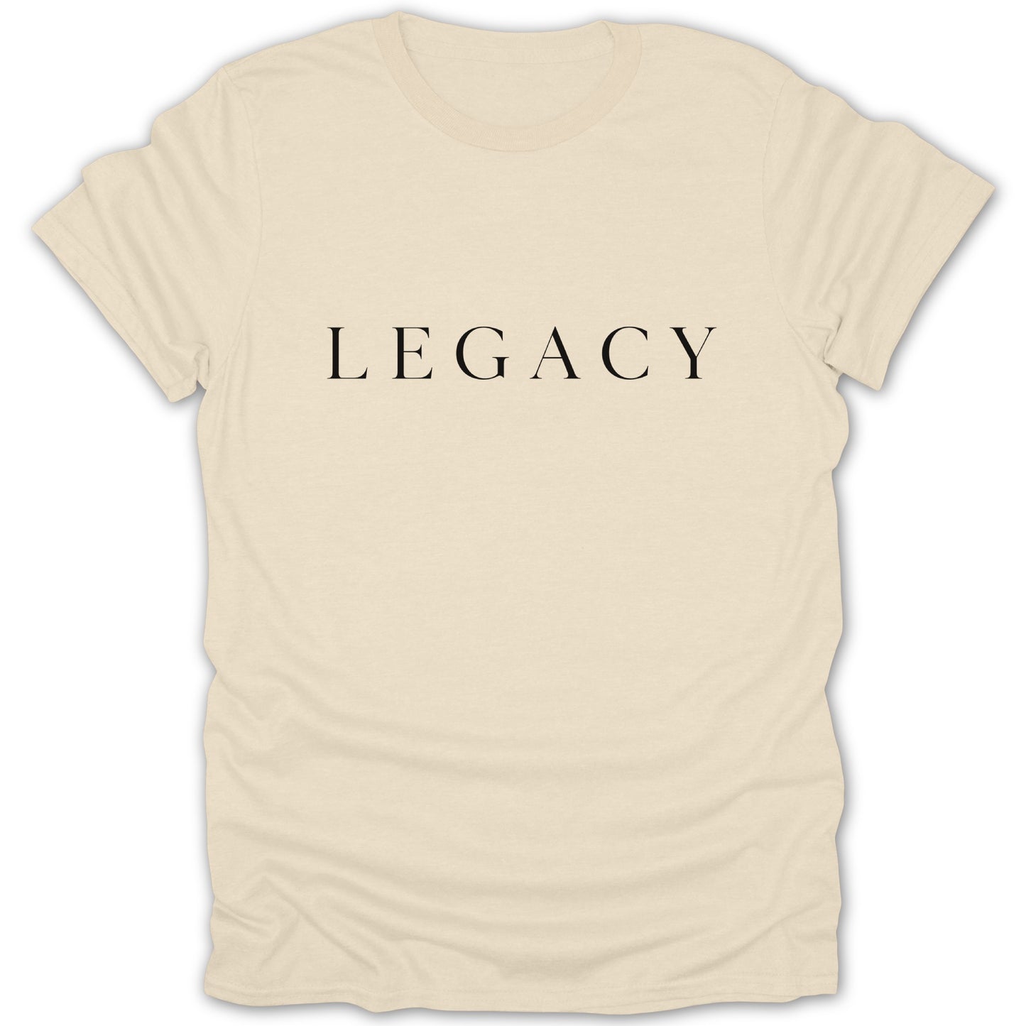 Cream t-shirt with the word LEGACY printed in black serif font.