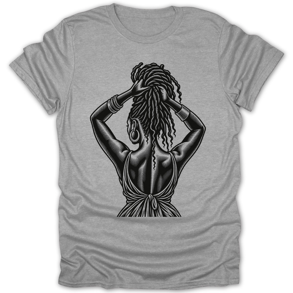 Black and white illustration of a woman with dreadlocks tying her hair on a gray t-shirt.