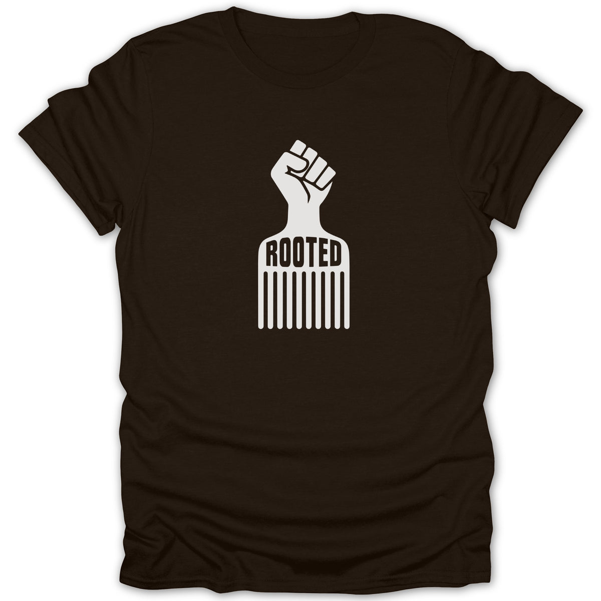 A brown short-sleeve t-shirt with a white graphic of an afro pick topped with a raised fist and the text ROOTED.