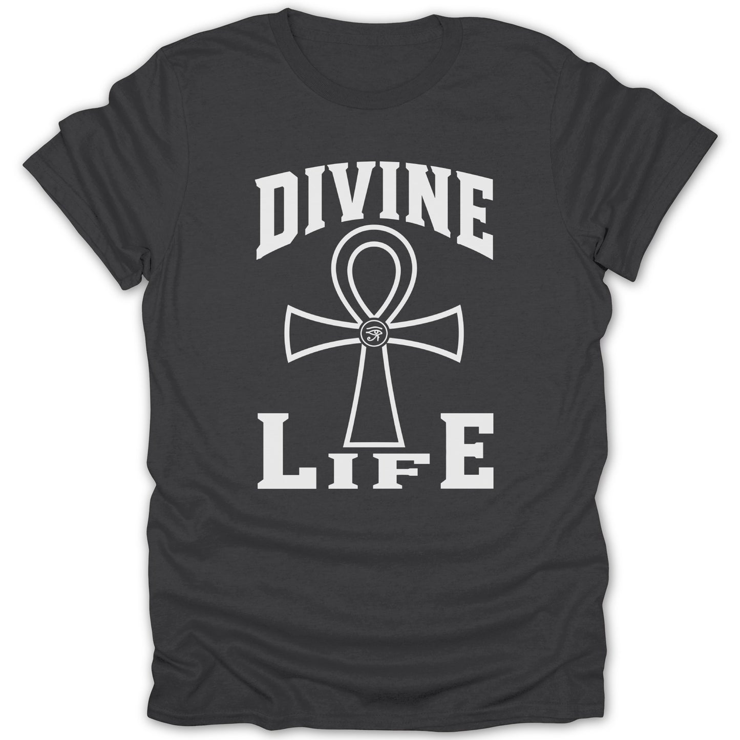 Black t-shirt with "DIVINE LIFE" and an ankh symbol in white.