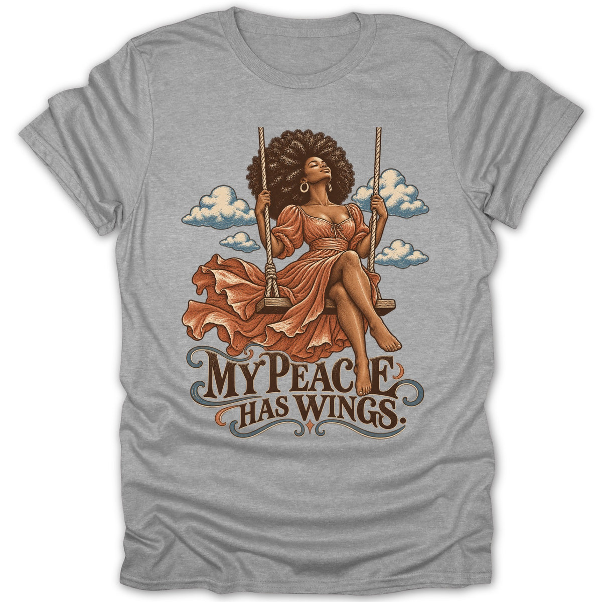 Woman with afro on a swing, text reads "My Peace Has Wings".