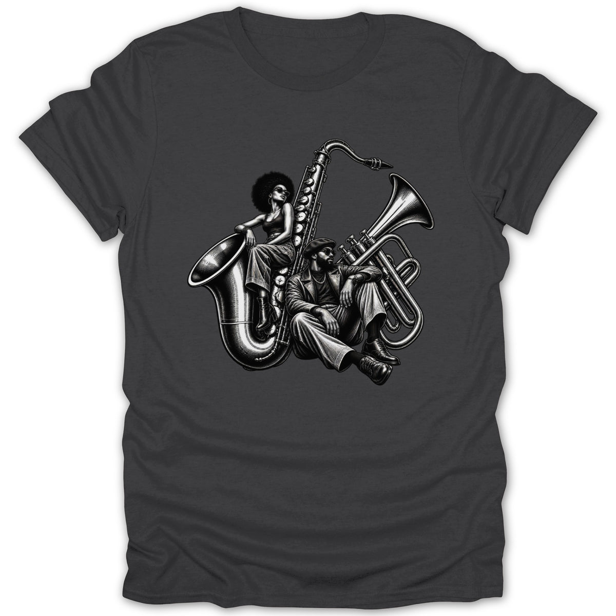 A man and woman sitting with a saxophone and tuba in black and white.