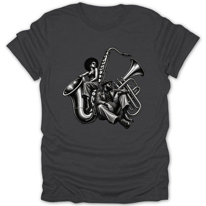 A man and woman sitting with a saxophone and tuba in black and white.