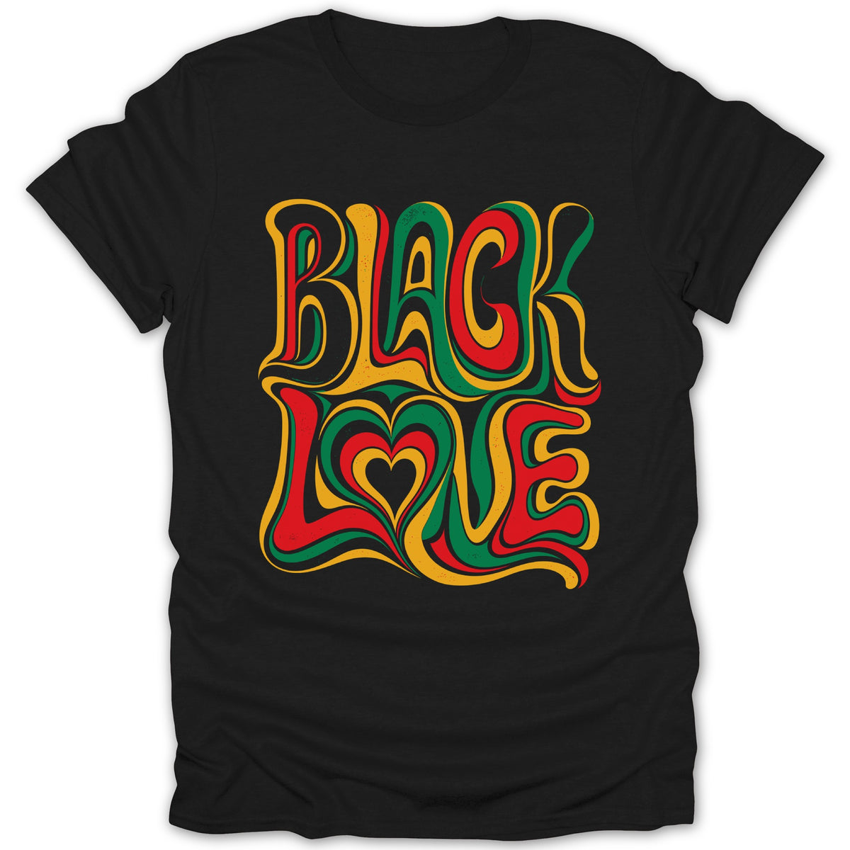 Black Love text with heart graphic in Rasta colors on black t-shirt.