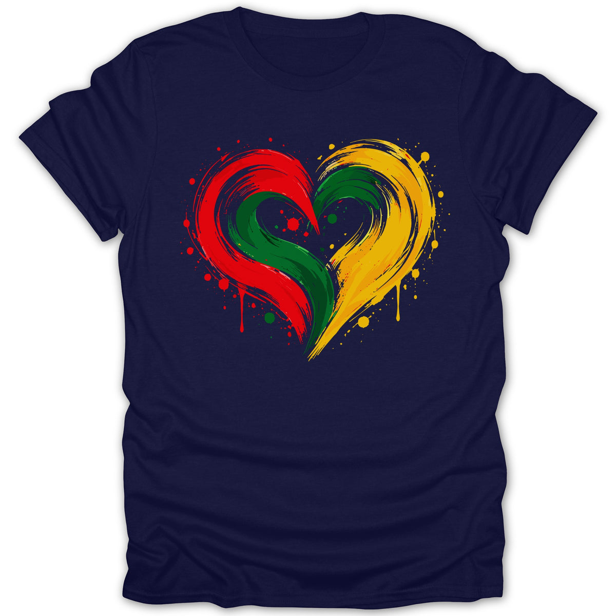 Navy t-shirt with a red, green, and yellow abstract heart graphic.