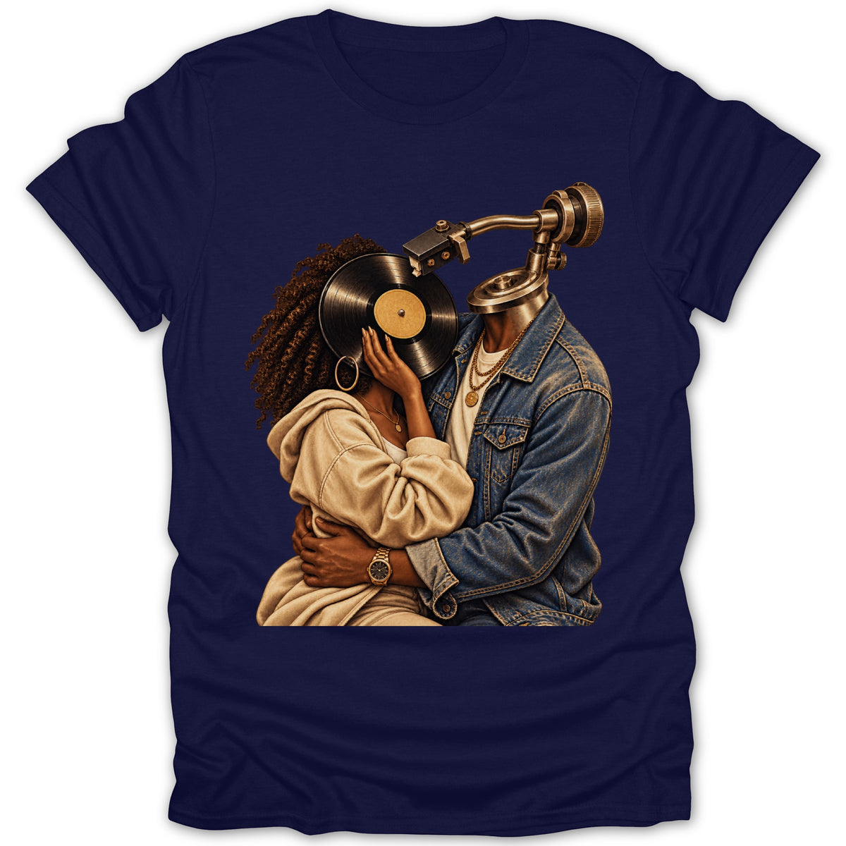 Couple embracing, one with a record player head, on a navy t-shirt.