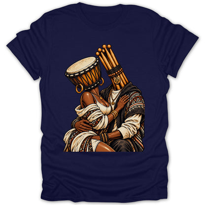 Illustration of a couple embracing, heads replaced with a drum and drumsticks.
