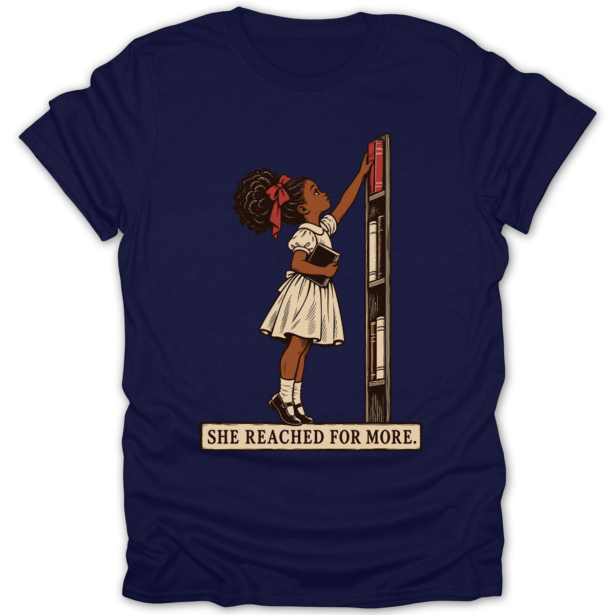 Illustration of a Black girl reaching for a book on a shelf, with text.
