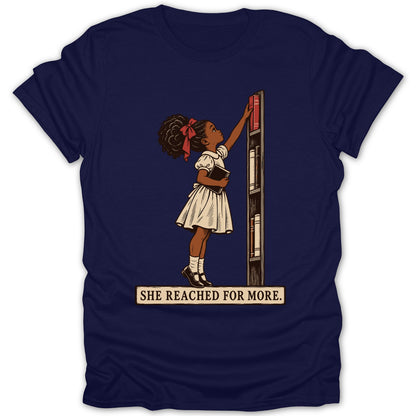 Illustration of a Black girl reaching for a book on a shelf, with text.