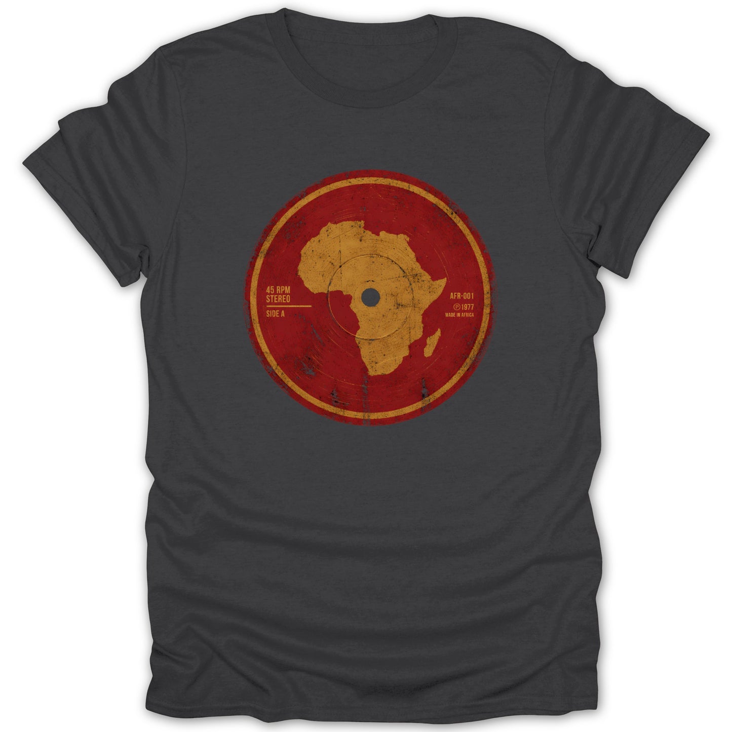 Dark grey t-shirt with a vintage vinyl record graphic featuring the continent of Africa.