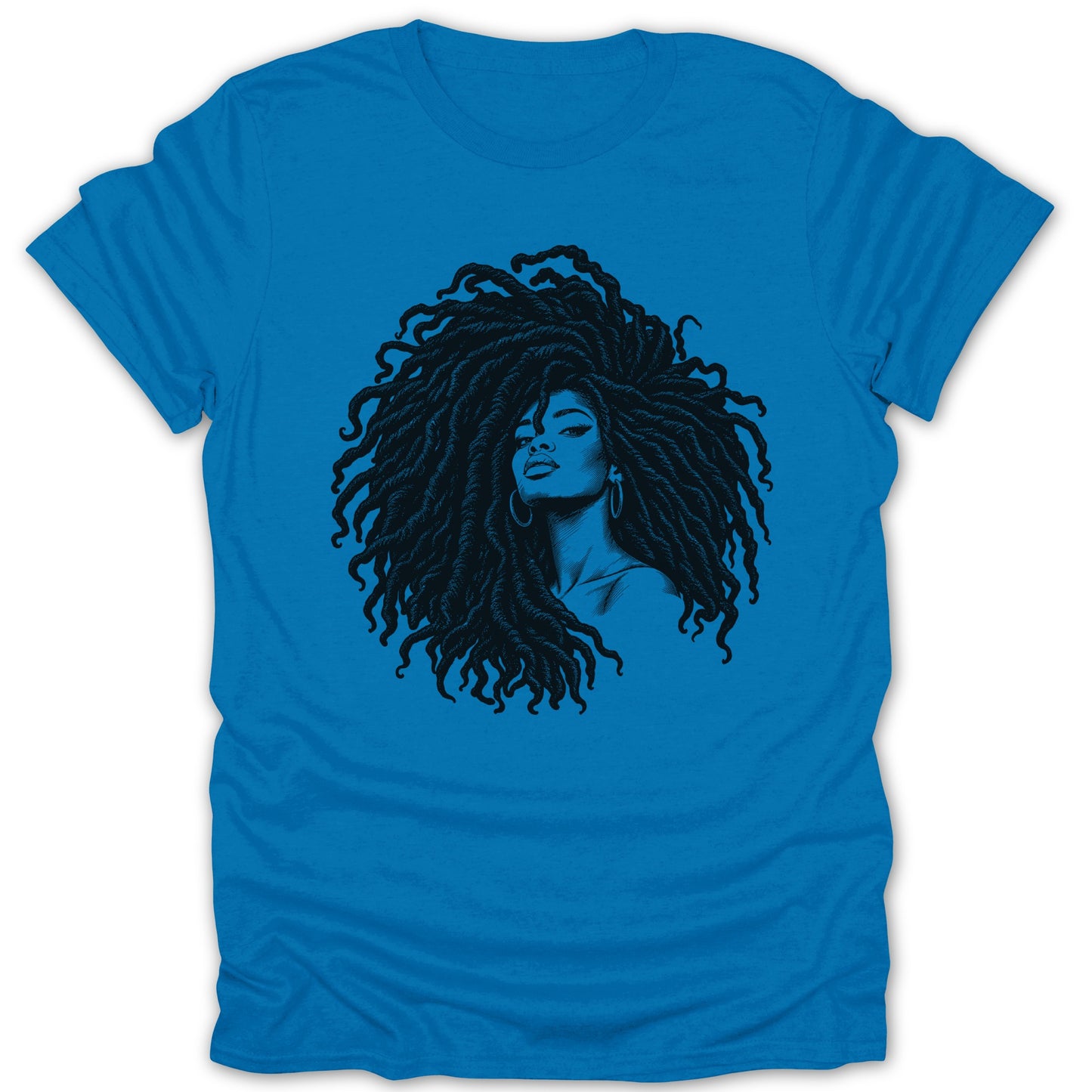 Blue t-shirt with black ink illustration of a woman with large dreadlocks.