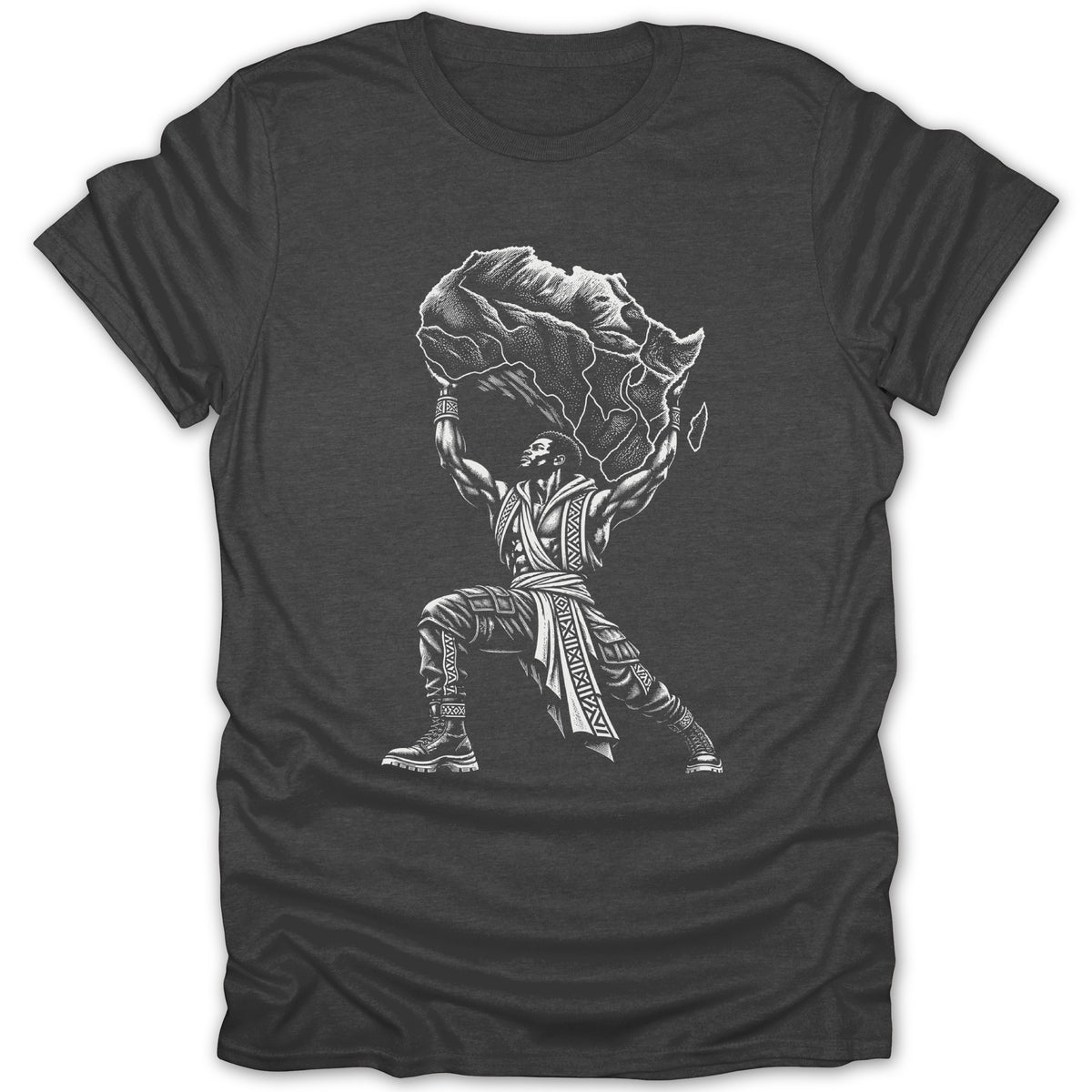 Man in tribal attire lifting the continent of Africa as a boulder.