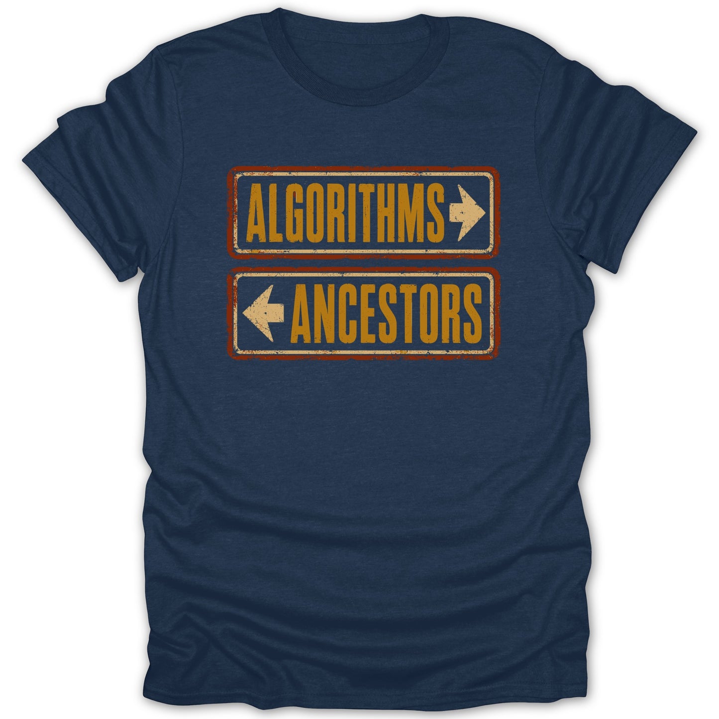 Navy t-shirt with two retro signs: "ALGORITHMS" pointing right and "ANCESTORS" pointing left.