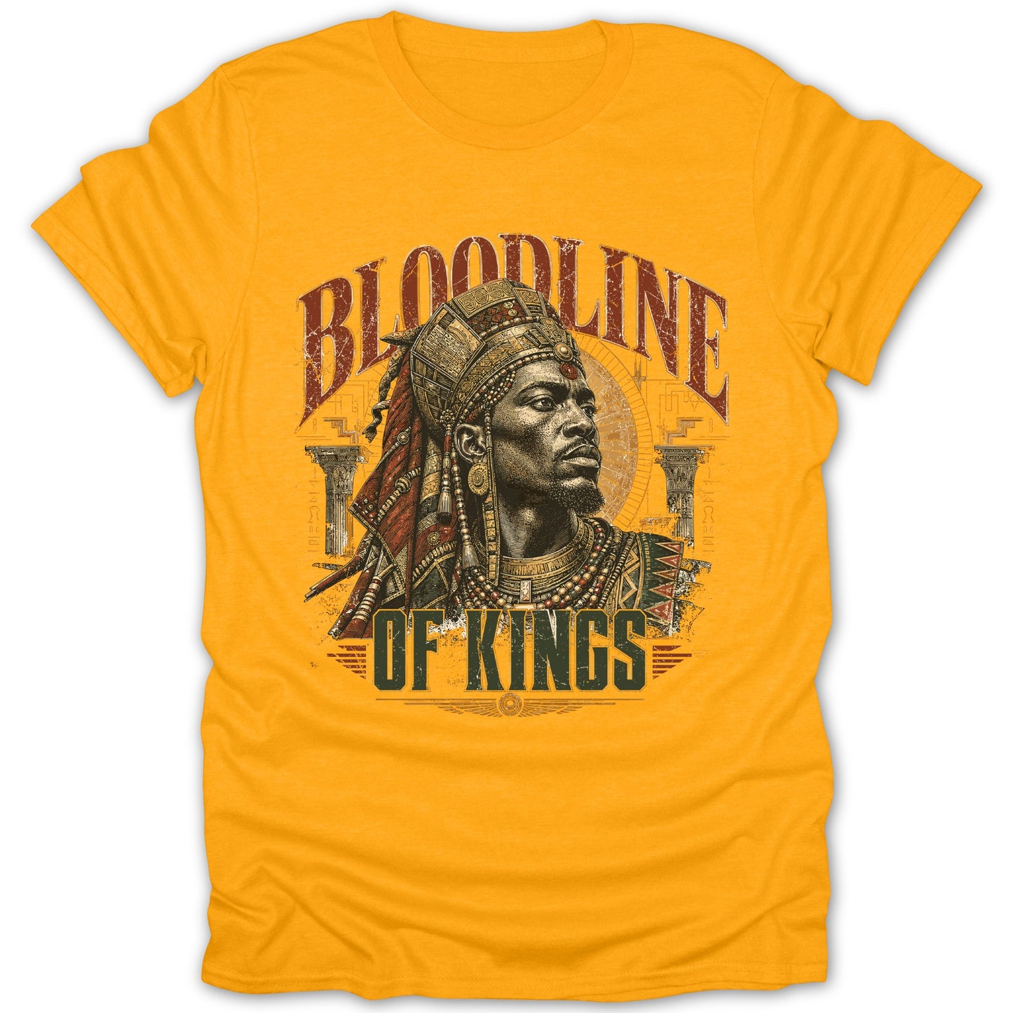 Yellow t-shirt with "Bloodline of Kings" text and a regal man's portrait.