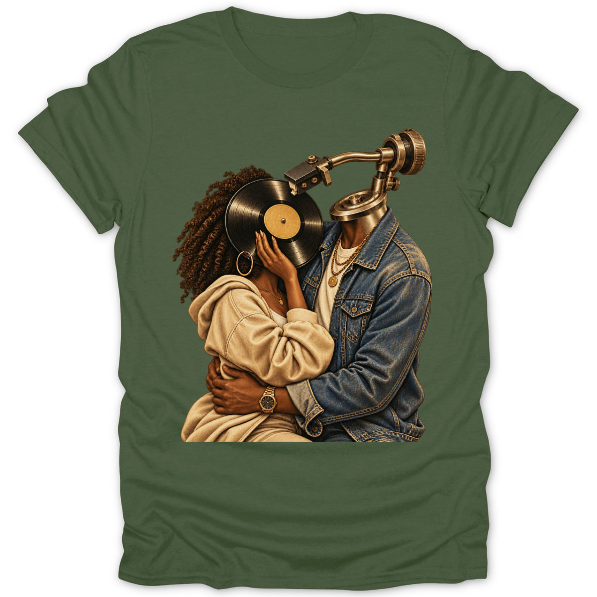Couple embracing with a vinyl record and turntable for heads on a green t-shirt.