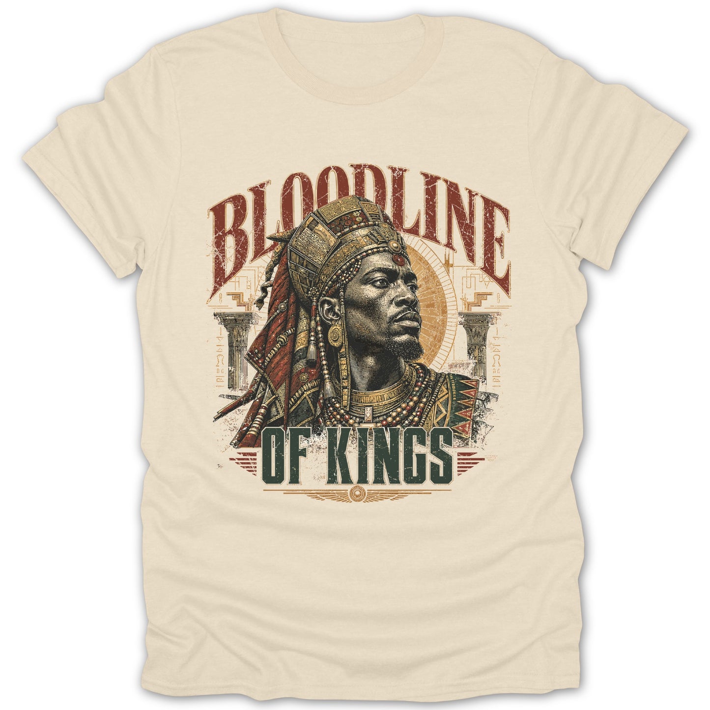 T-shirt with "BLOODLINE OF KINGS" text and a regal African king's portrait.