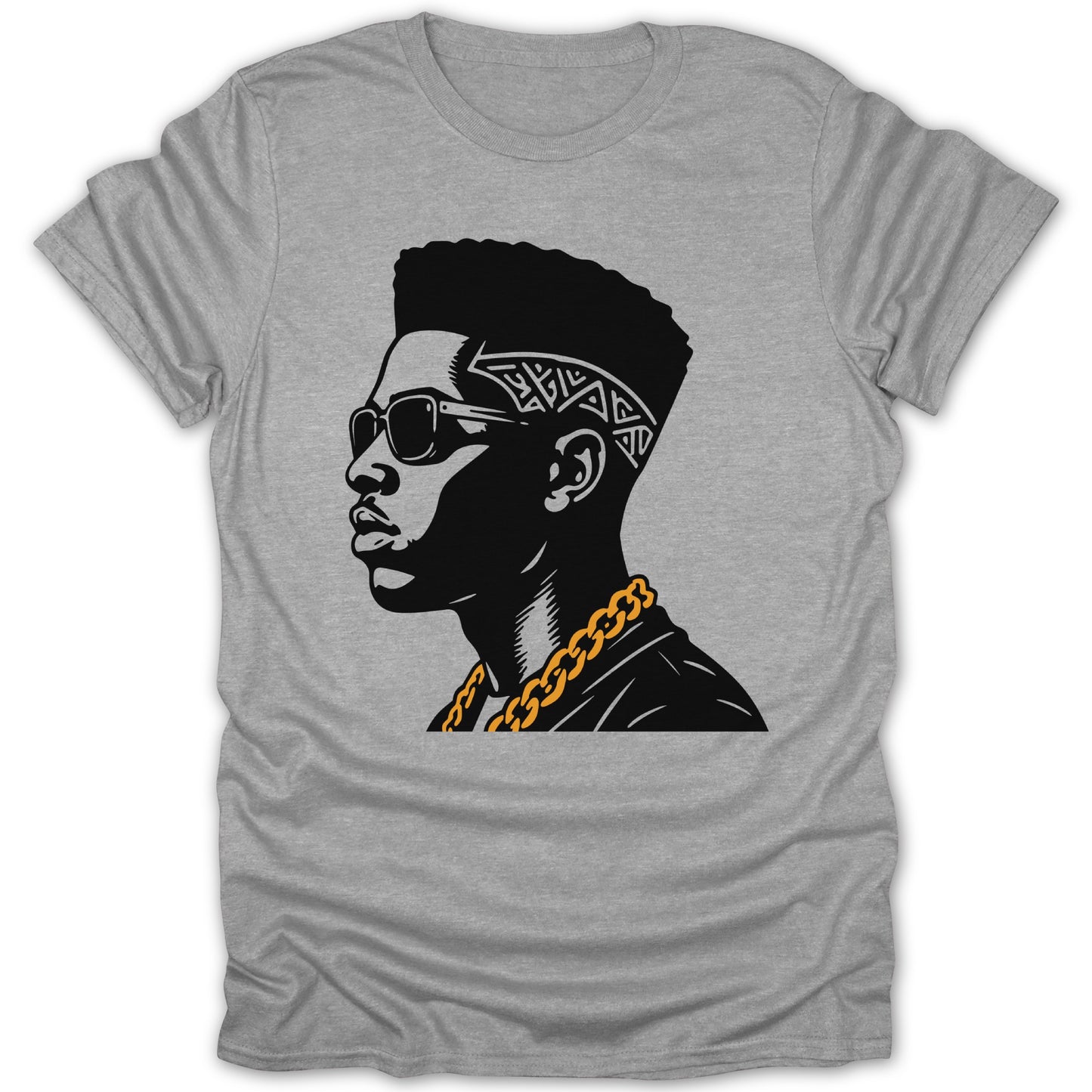 Black graphic of man with bandana, sunglasses, and gold chain on grey t-shirt.