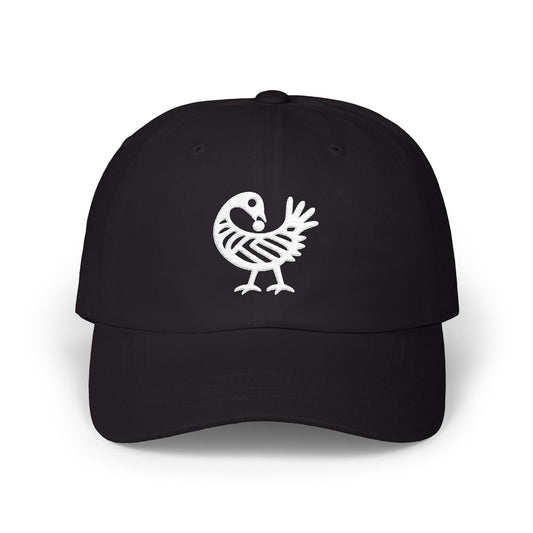 Black baseball cap with white Sankofa bird symbol embroidered on the front.