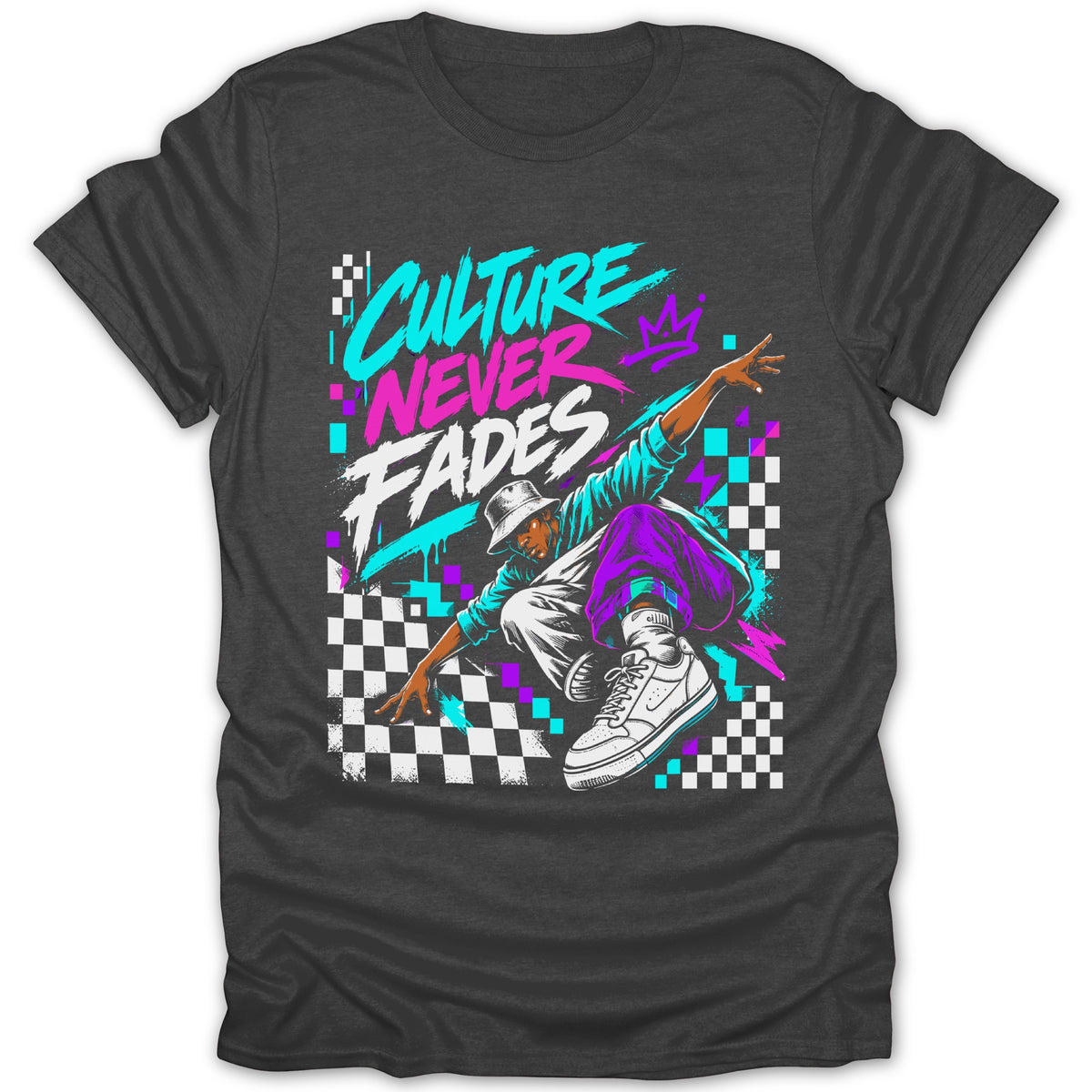 "Culture Never Fades" text graphic with breakdancer on checkered background.