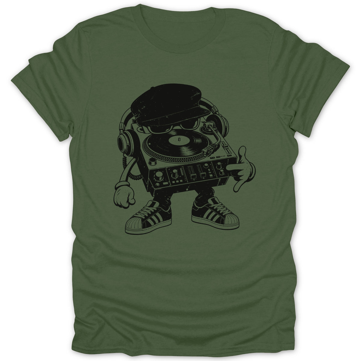 Black graphic of a turntable character with headphones and sunglasses on a green t-shirt.