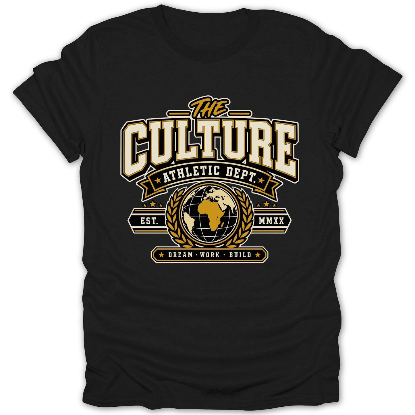 Black t-shirt with "THE CULTURE ATHLETIC DEPT." and a globe emblem.