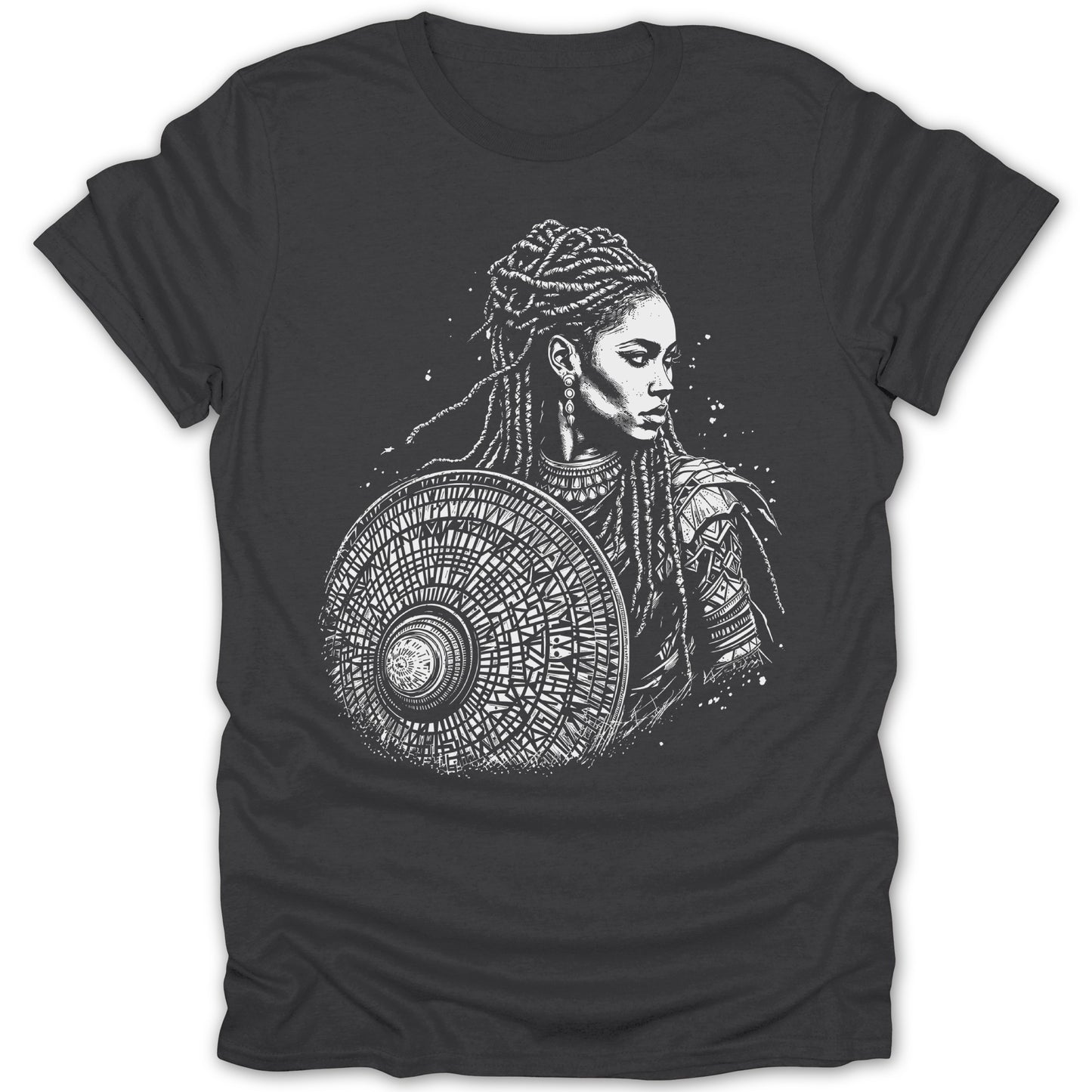 Woman with elaborate braids holding a shield, artistic chest graphic.