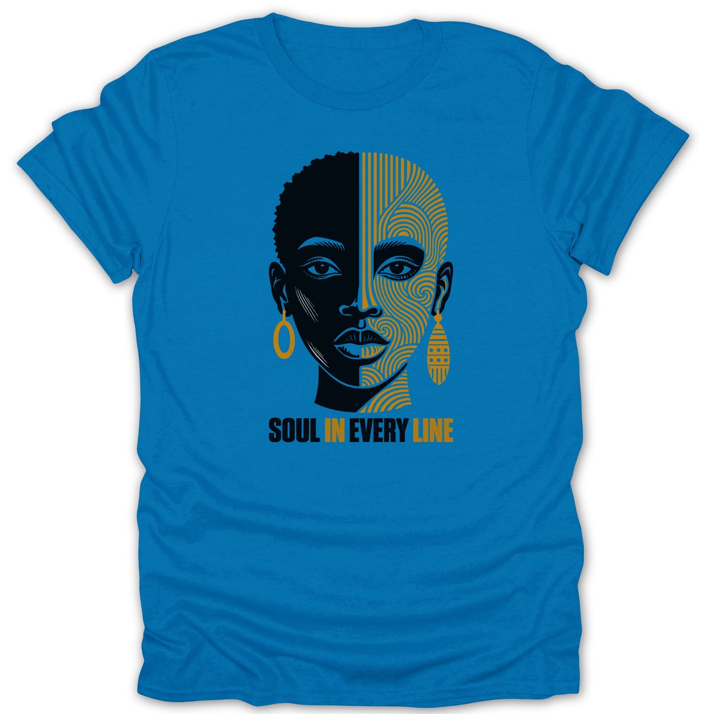 Blue t-shirt with black and gold abstract face graphic and "SOUL IN EVERY LINE" text.