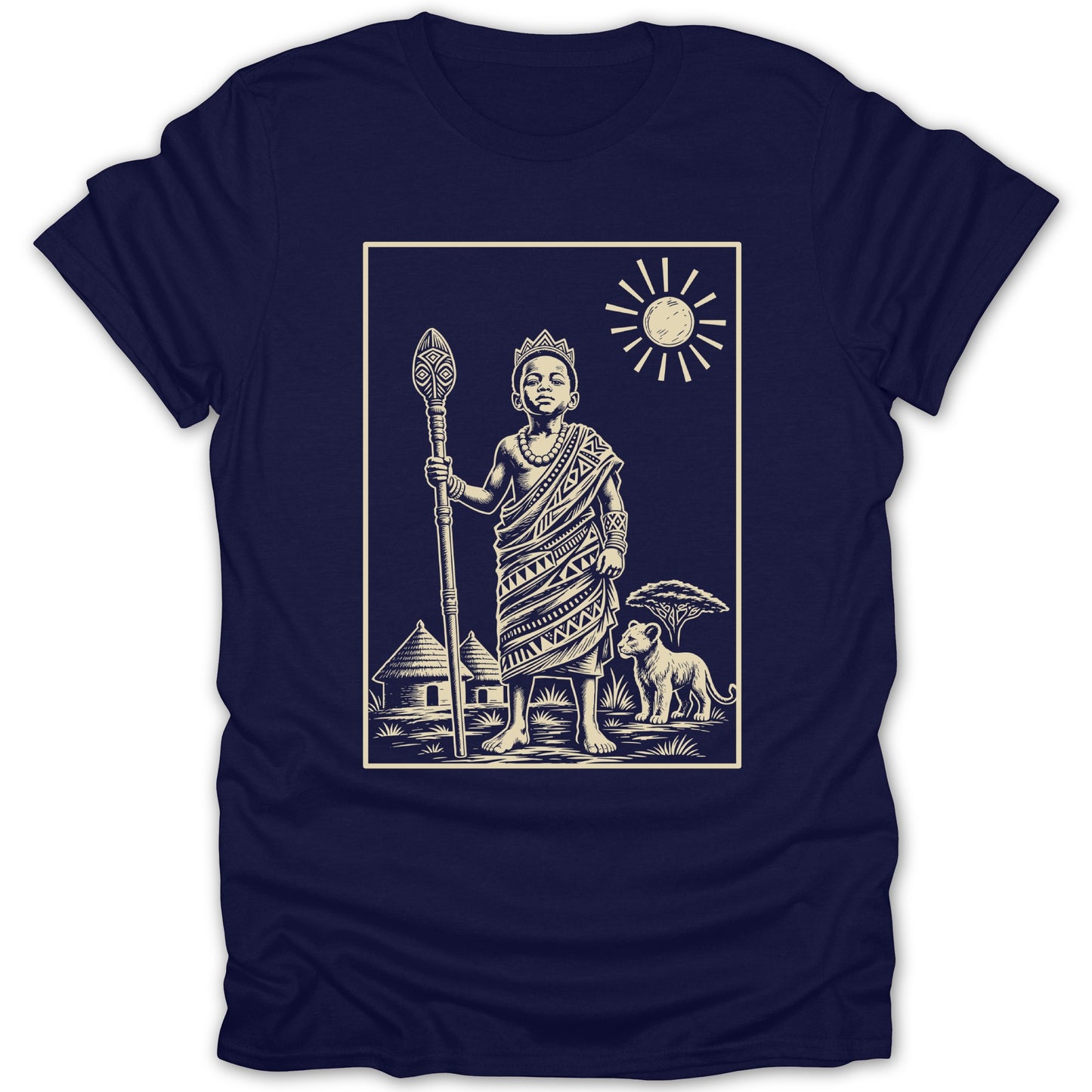 Line art depicts a crowned African child with a staff, a lion, and huts under a sun.