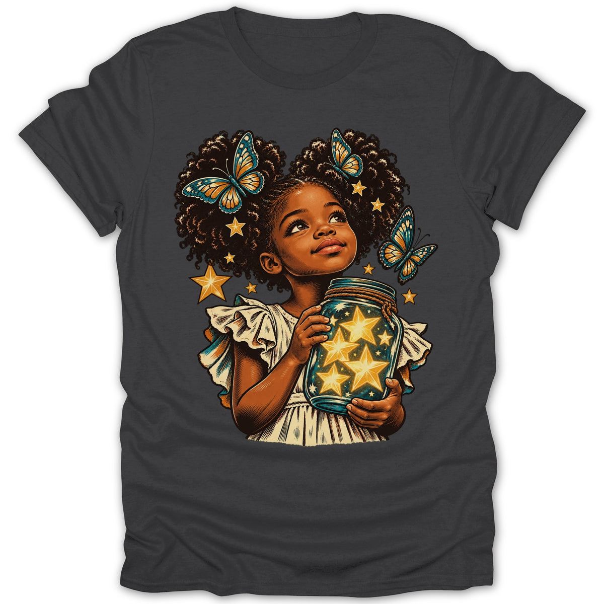 Girl holding jar of stars with butterflies and stars around her hair.