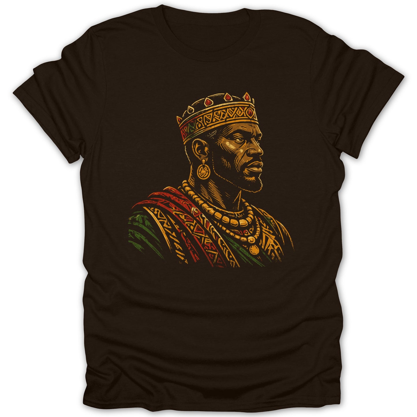 Illustration of a crowned Black man wearing ornate jewelry and colorful garments.