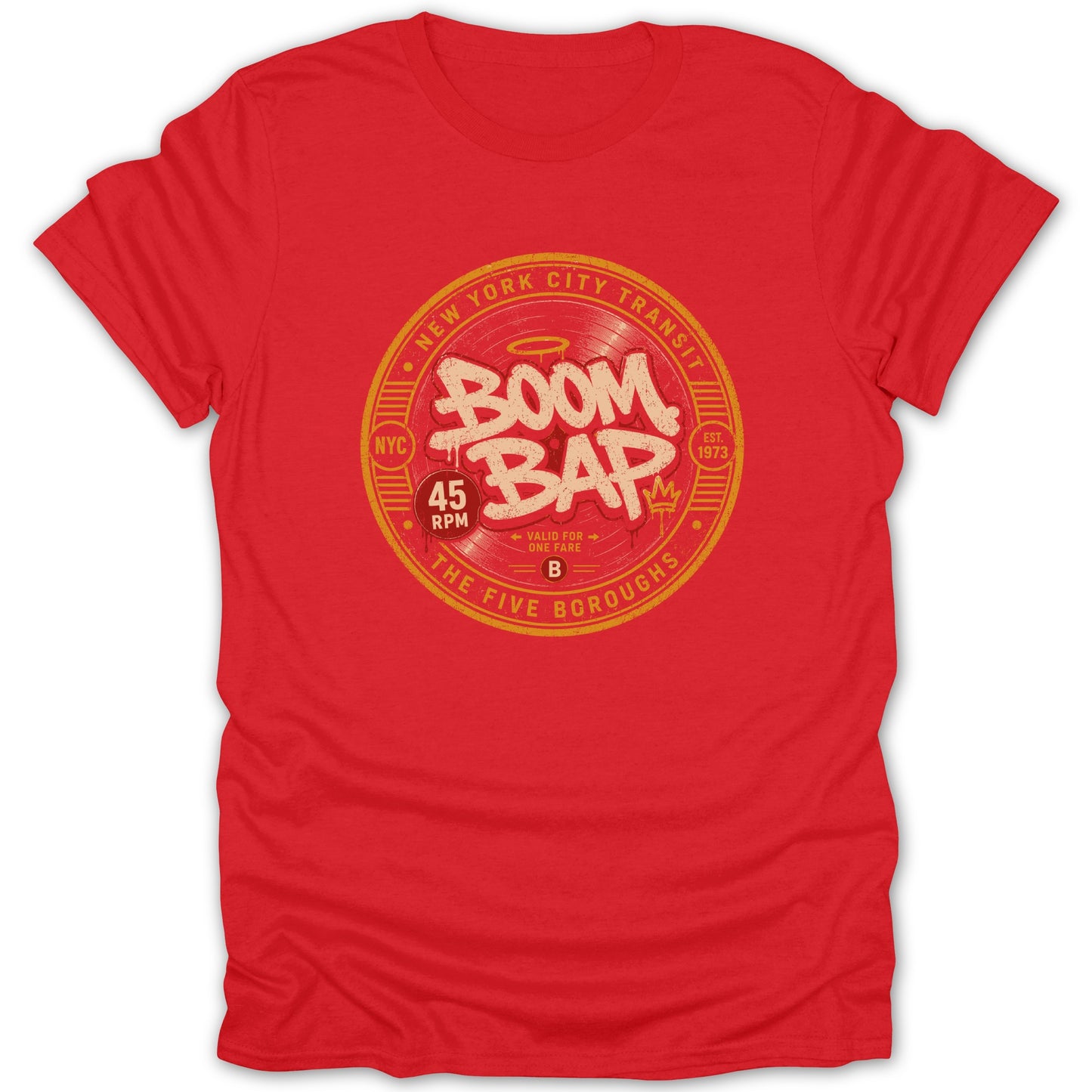 Red t-shirt with "Boom Bap" graphic, "NYC" and "The Five Boroughs" text.