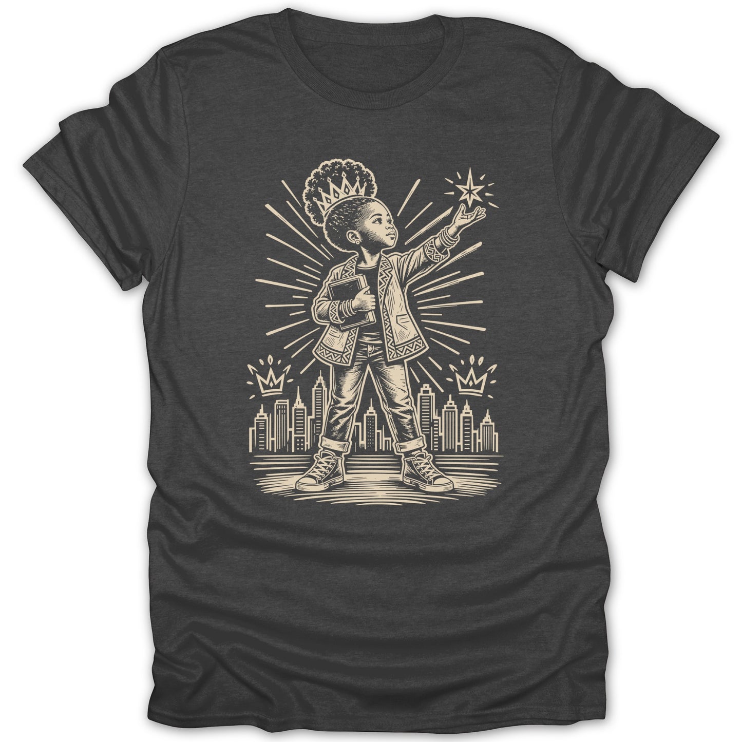 Child wearing a crown, holding a book, reaching for a star over a city skyline.