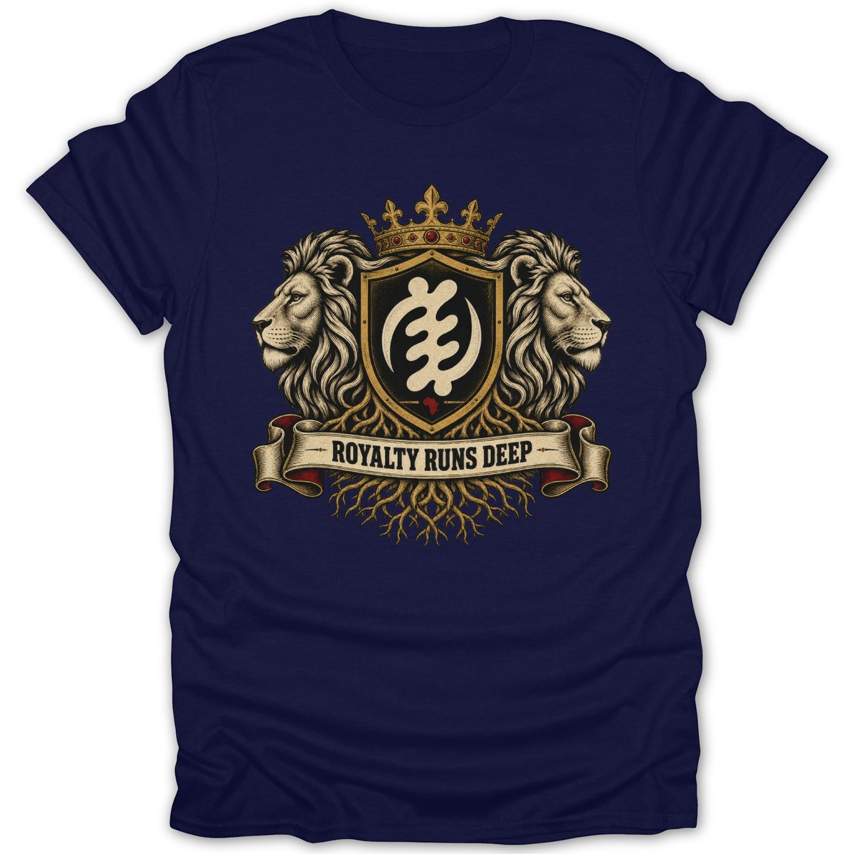 Navy t-shirt with a crest featuring lions, a crown, and the text "ROYALTY RUNS DEEP".