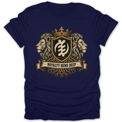 Navy t-shirt with a crest featuring lions, a crown, and the text "ROYALTY RUNS DEEP".