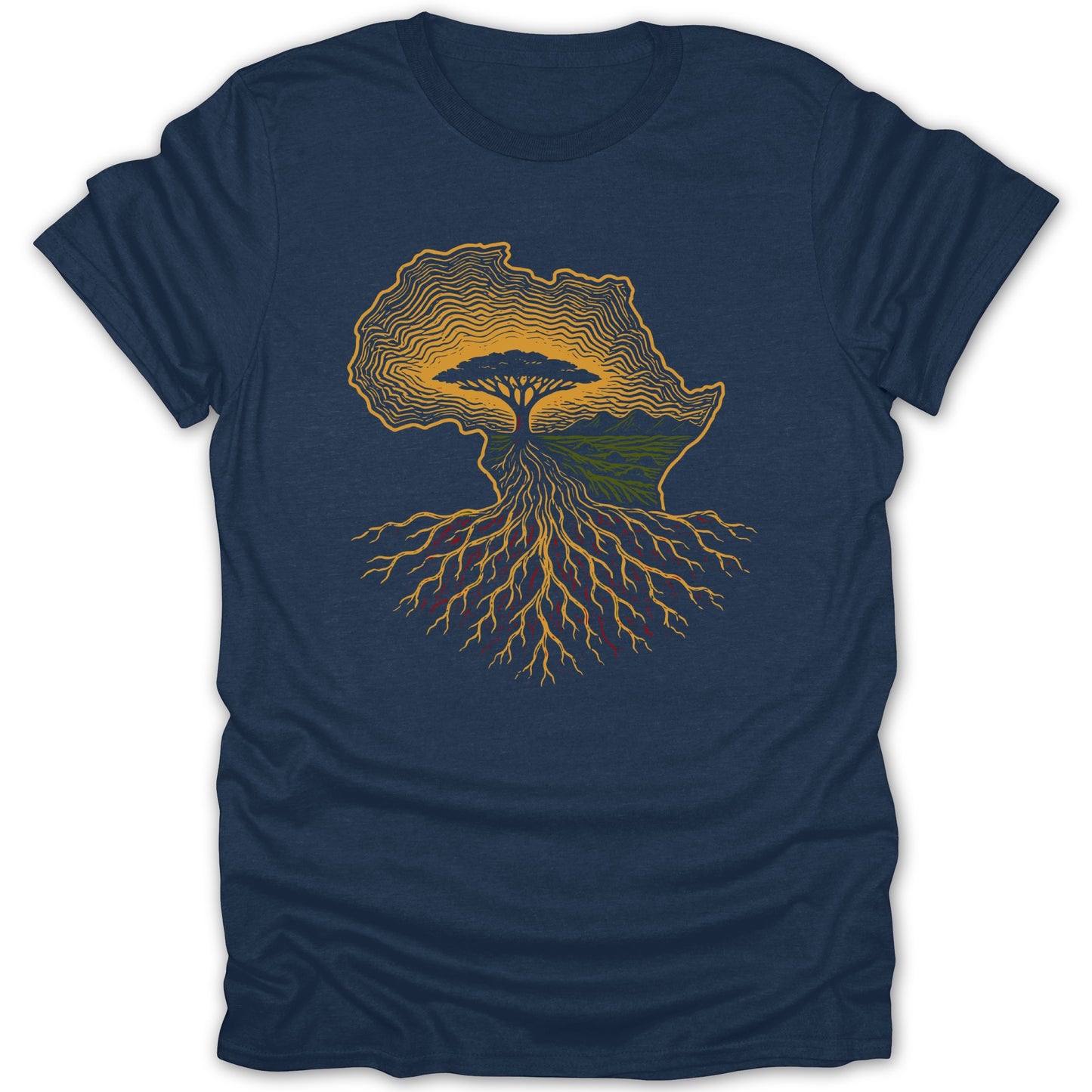 Dark blue t-shirt with outline of Africa, tree, and roots graphic.